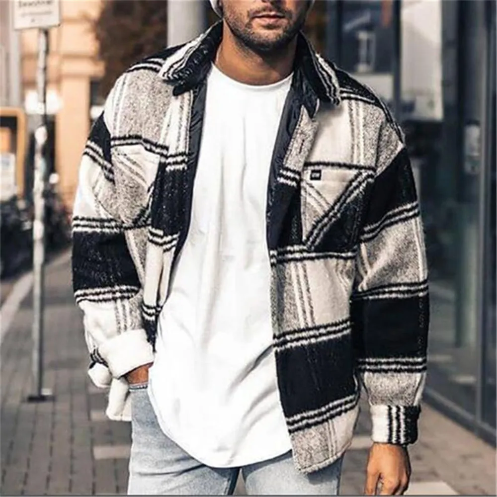 

New European American Autumn Men's Hot Style Casual Lapel Color Matching All-Match Men's Plaid Jacket Coat Clothes