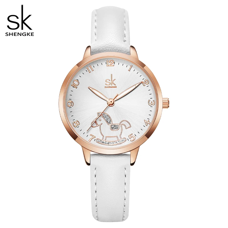 

Shengke Creative Horse Dial Fashion Causal Women Watch White Genuine Leather Ladies Quartz Clock Top Luxury Brand Reloj Mujer