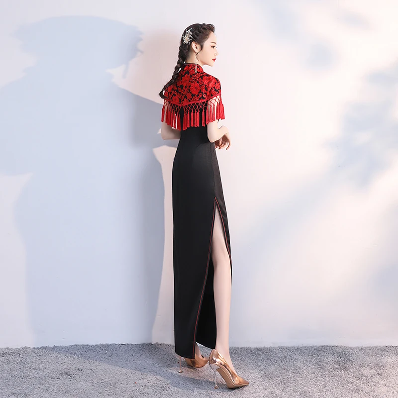 Черные женские вечерние платья в пол вечернее Ципао китайском стиле с кисточками