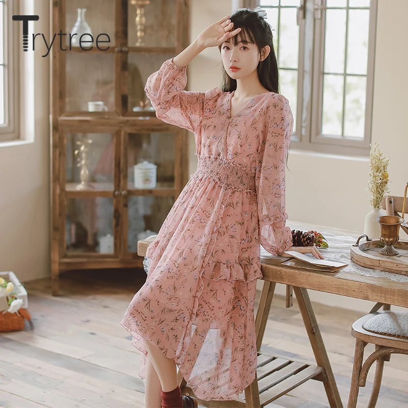 Весеннее женское платье Trytree повседневное ТРАПЕЦИЕВИДНОЕ ПЛАТЬЕ С V образным