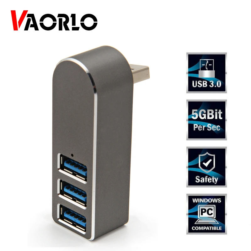 VAORLO 3-портовый USB-разветвитель Вращающийся адаптер из алюминиевого сплава для