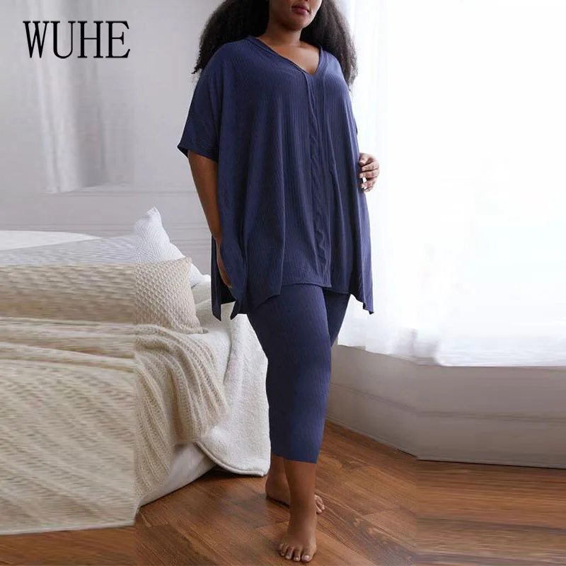 

WUHE Plus Size XL-5XL Two Piece Set Half Sleeve Sexy V Neck Loose Crop Top and Skinny Pencil Pants Casual Club Sports Outfits