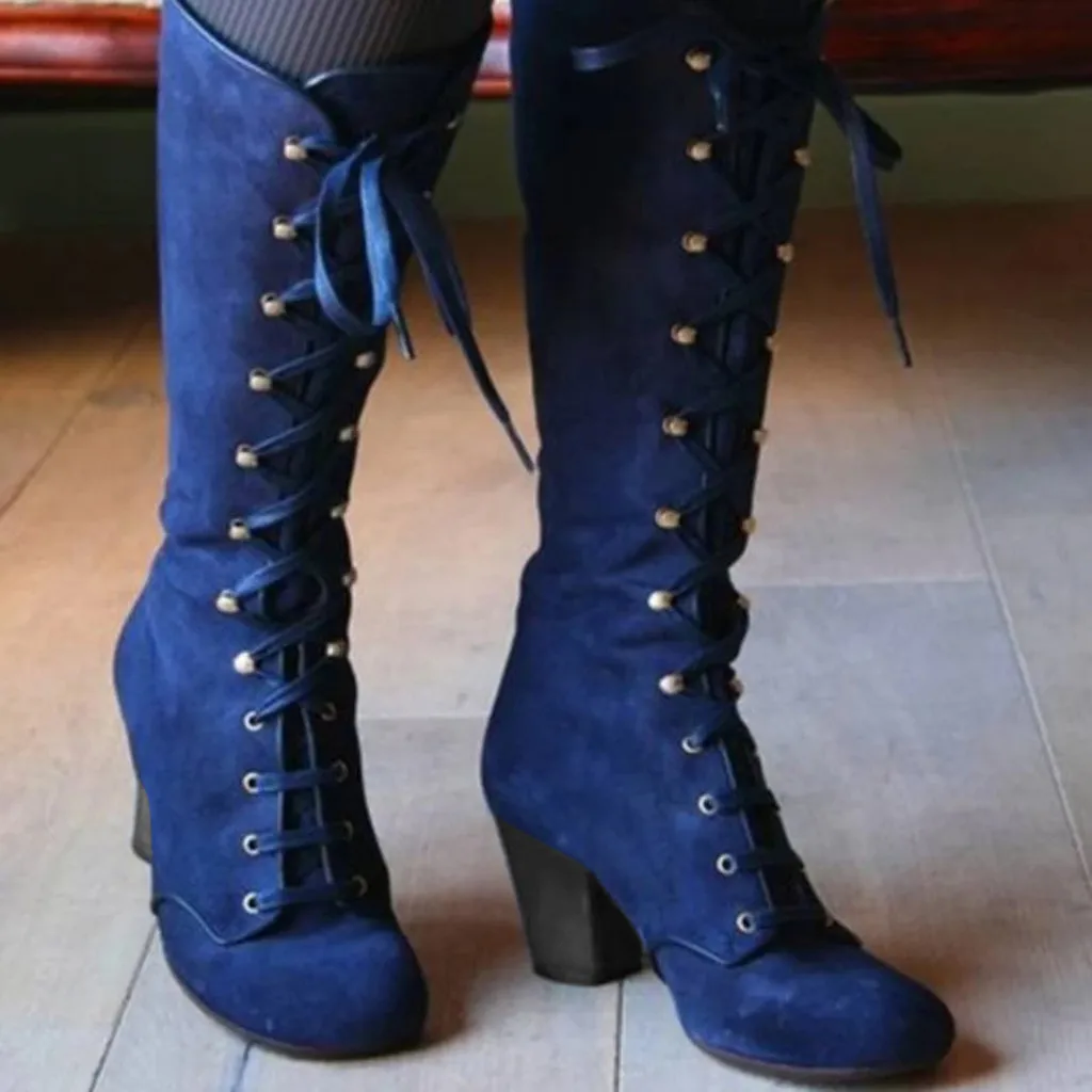 Women Long Boots Casual Lace Up Autumn Winter Thigh High Boots Botas Mujer Footwear Retro Mid-Calf Boots Thick Heels Shoes#930