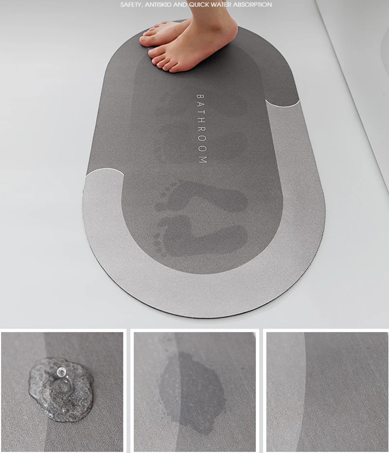 

Diatomaceous Earth Bath Mat Absorbent Cozy Soft Non-Slip Bathroom Rug Easier to Dry Bathroom Carpet Gray Shower Foot Pad