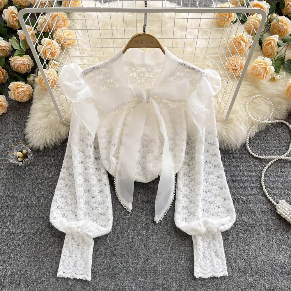 

C846 Women New Fashion Autumn Court Bow Collar Long Sleeve Lace Shirt Spring Loose Ruffle Top Mujer Elegant Blouse