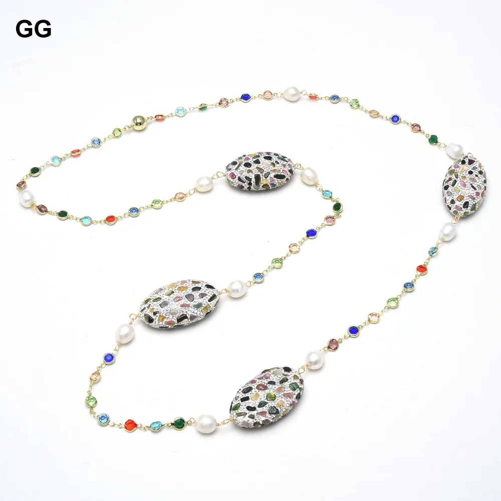 

GG Jewelry 44" Natural Cultured White Rice Pearl Real Tourmaline Cz Pave Colorful Crystal Chain Long Necklace Handmade For Women