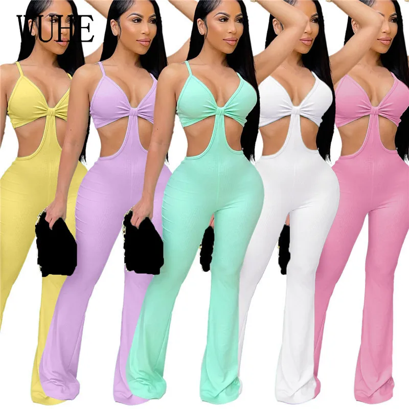 

Комбинезон KEXU с расклешенными брюками, Трикотажный костюм в рубчик на бретелях-спагетти, с V-образным вырезом, с открытыми плечами, без рукав...