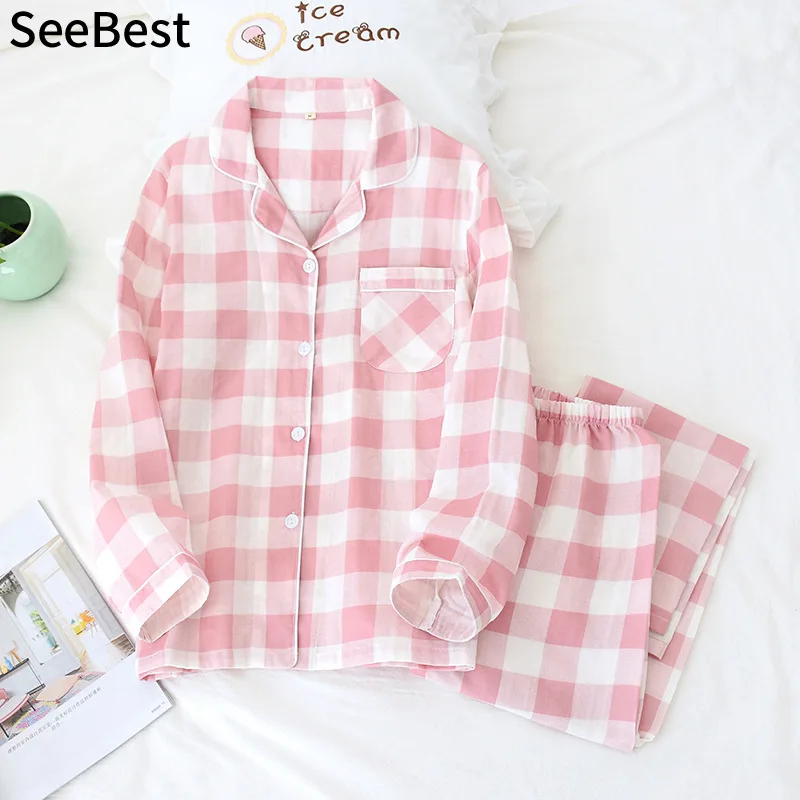 Женская хлопковая клетчатая Пижама SeeBest женская одежда для сна Хлопковая пижама