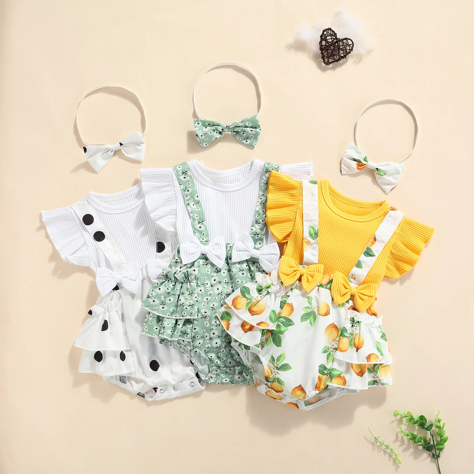 

OPPERIAYA 2Pcs Sweet Baby Girls Outfit Toddlers Summer Floral Lemon Dot Printing Fly Sleeve Splicing Bodysuit Bow Headwear Set