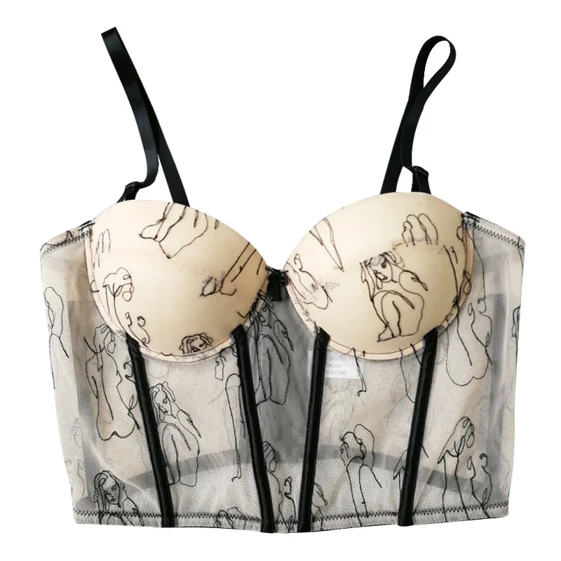 

atoshare 2021 Fashion Creative Embroidery Portrait Corset Cropped Top Sexy Backless Gauze Camisole for Party Club Clothing