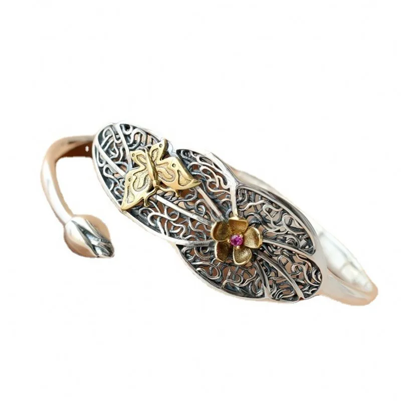 

BOCAI New S925 Sterling Silver Jewelry Hypoallergenic Retro Lotus Leaf Trendy Woman Bracelet Valentine's Day Gift