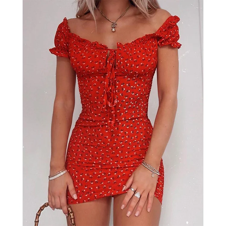 

Women Flowers Wrap dress Off Shoulder Tie Up Front Ruffle Mini dress Summer Office Lady Slash Neck Printed pencil dress