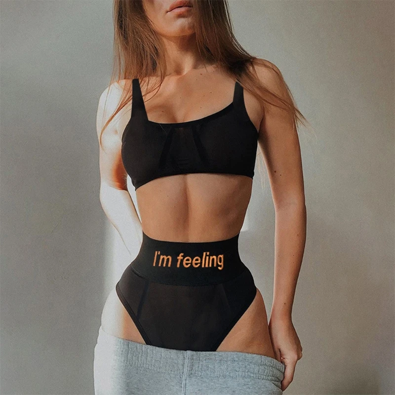 

Women Sexy See-Through Mesh Bra and Panty Set Scoop Neck Crop Top Bralette Letters Embroidery High Waist Thong Underwear