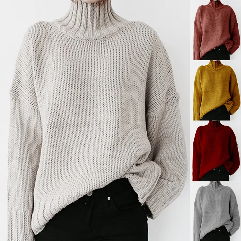 

elegant turtle neck sweaters woman warm autumn winter knitted pullover black and white loose sweater female high street clothes