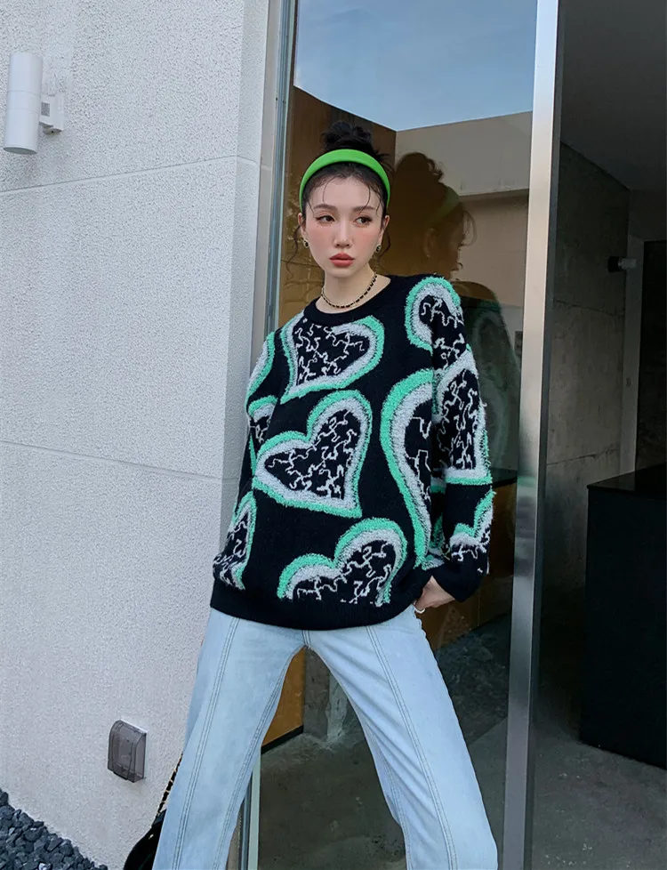 

Chic Heart Print Casual Long Sleeve Pullover Jumper For Women Autumn Winter Vintage O Neck Sweater Streetwear Lady Knitted Top