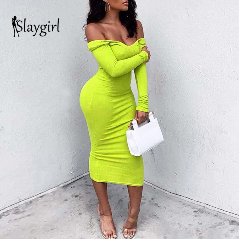 Slaygirl, платье бодикон с открытыми плечами и пуговицами, женское сексуальное зимнее платье без бретелек с длинным рукавом, Vestidos, Повседневное трикотажное платье
