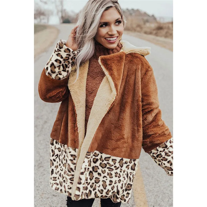 

Female Autumn Jackets Women Autumn Winter Warm Thick Jacket Ladies Leopard Print Splice Long Sleeve Jacket Loose Warm Outwear
