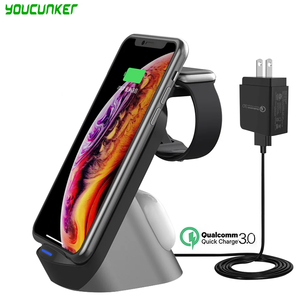 Беспроводное зарядное устройство YOUCUNKER QI 3 в 1, подставка для iPhone, Samsung Buds, держатель для телефона Apple Watch 6, 5, 4, 3, 2, Airpods Pro, 15 Вт
