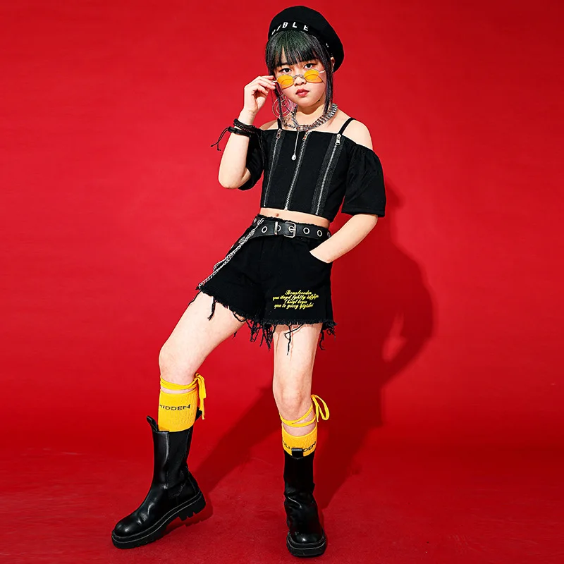 

Girls Hip Hop Crop Top Shorts Kid Street Dance Wear Clothes Set Child Jazz Camisole Off Shoulder Short Jacket Costume streetwear