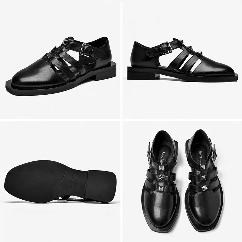 

BeauToday Flats Women Cow Leather Cover Round Toe Summer Buckles Sandals Fashion Hollows Rivet Female Shoes Handmade 18228