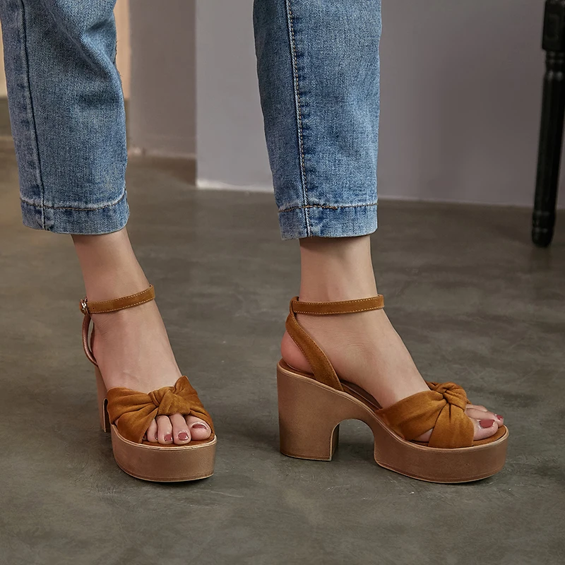 

Women's natural suede leather ankle strap thick high heel platform sandals bow tie open toe summer female heels pumps shoes sale
