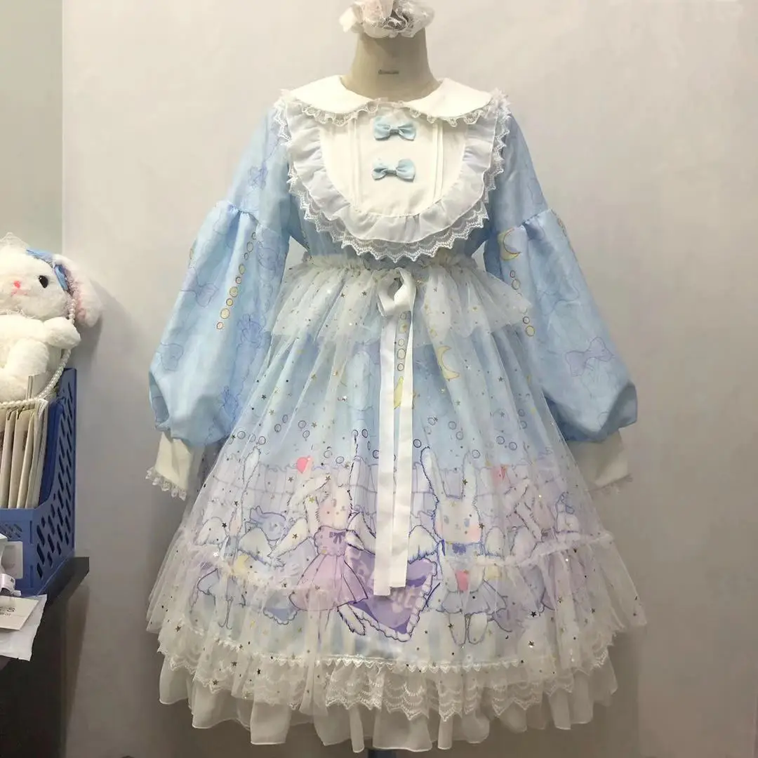 

"Starry Sky Angel Rabbit" Sweet Women's Lolita OP Dress Long Sleeve Dress Lace Bows Trim One Piece Dress Light Blue Purple