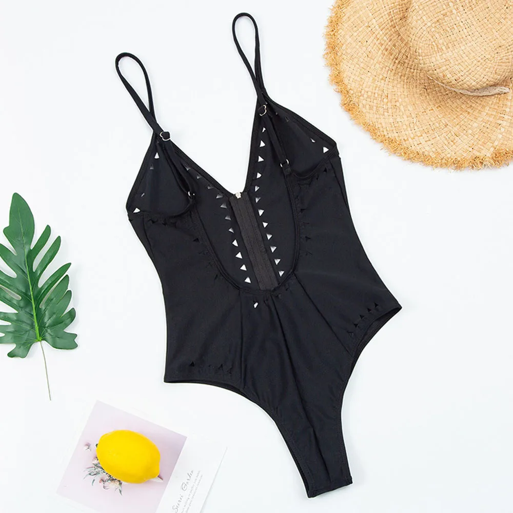 Черный Цельный купальник с вырезами и v-образным вырезом сексуальный женский