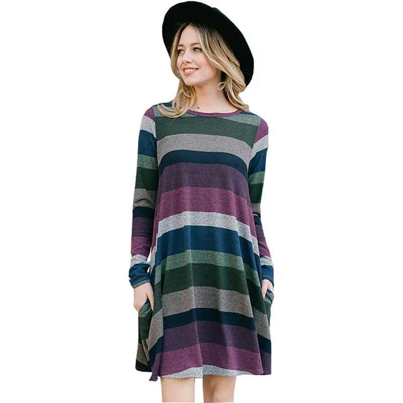 Модное женское осенне-зимнее платье с круглым вырезом и длинным рукавом в