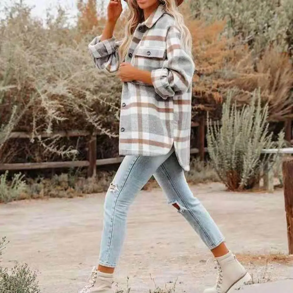 

Single Breasted Autumn Winter Turndown Collar Plaid Print Coat for Office