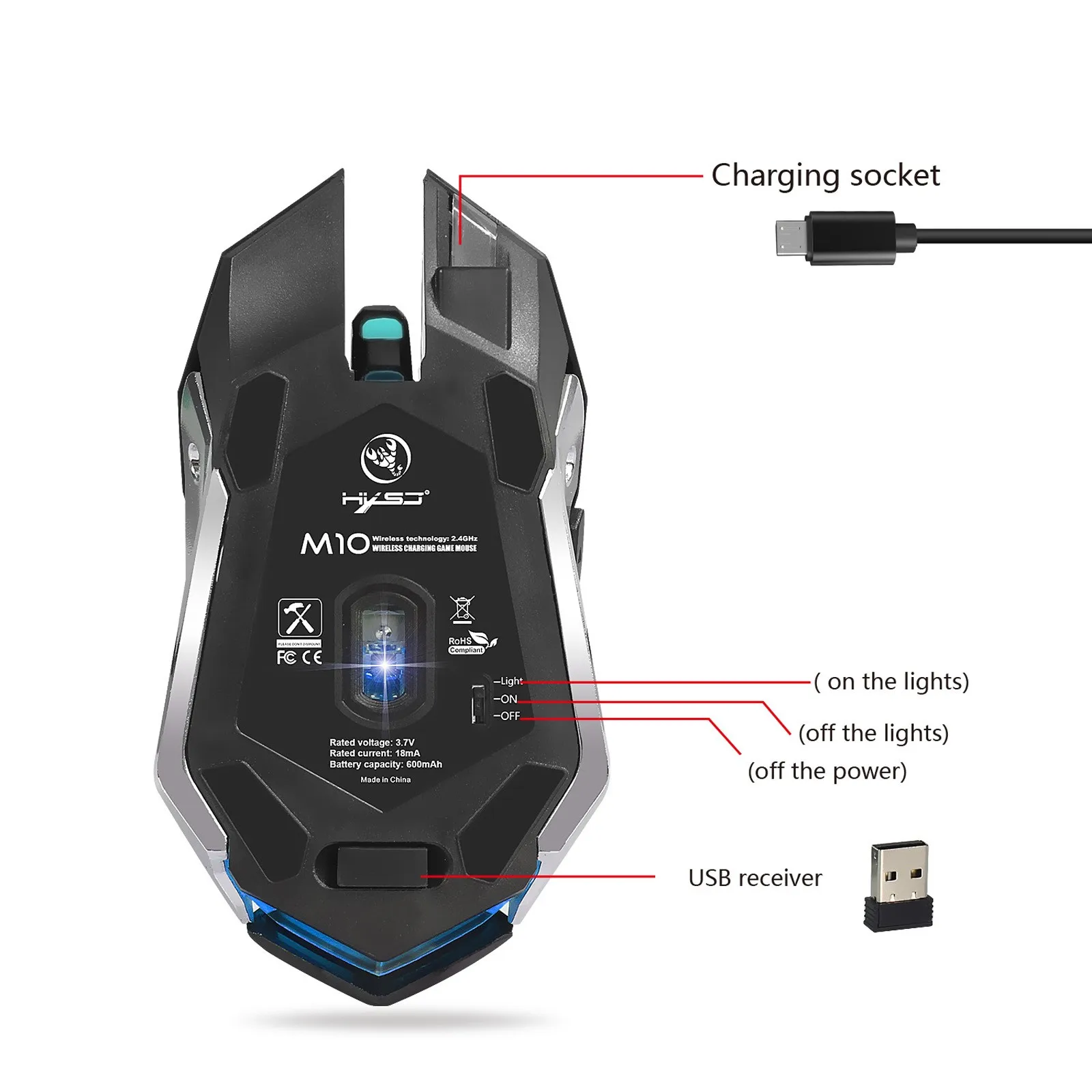 

HXSJ M10 2.4G Wireless Gaming Mouse 2400DPI Rechargeable 7 Color Backlight Breathing Comfort Gamer Mice for Desktop Laptop