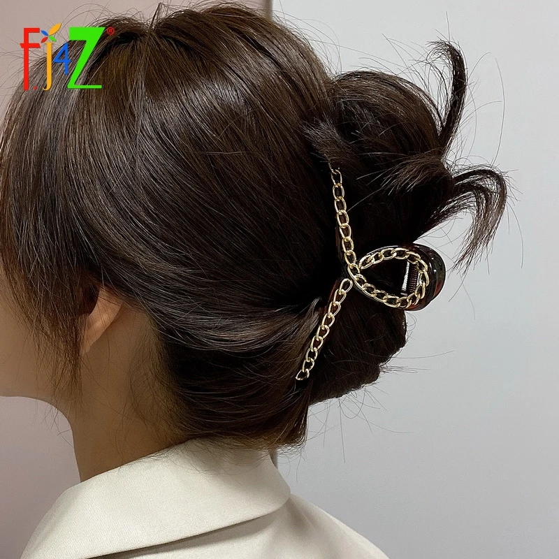 

F.J4Z 2021 Trend Korea Hair Jewelry for Women Ins Hot Big Hair Clips Acrylic VS Metal Chain Top Anniversary Gifts Dropship