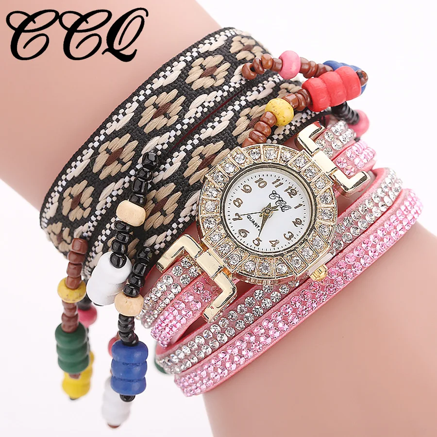 

Bracelet For Women Geneva Women Wrist Watch Retro Weaving Circle Diamond Bead Pendant White PU Strap Digital Ladies Quartz Watch