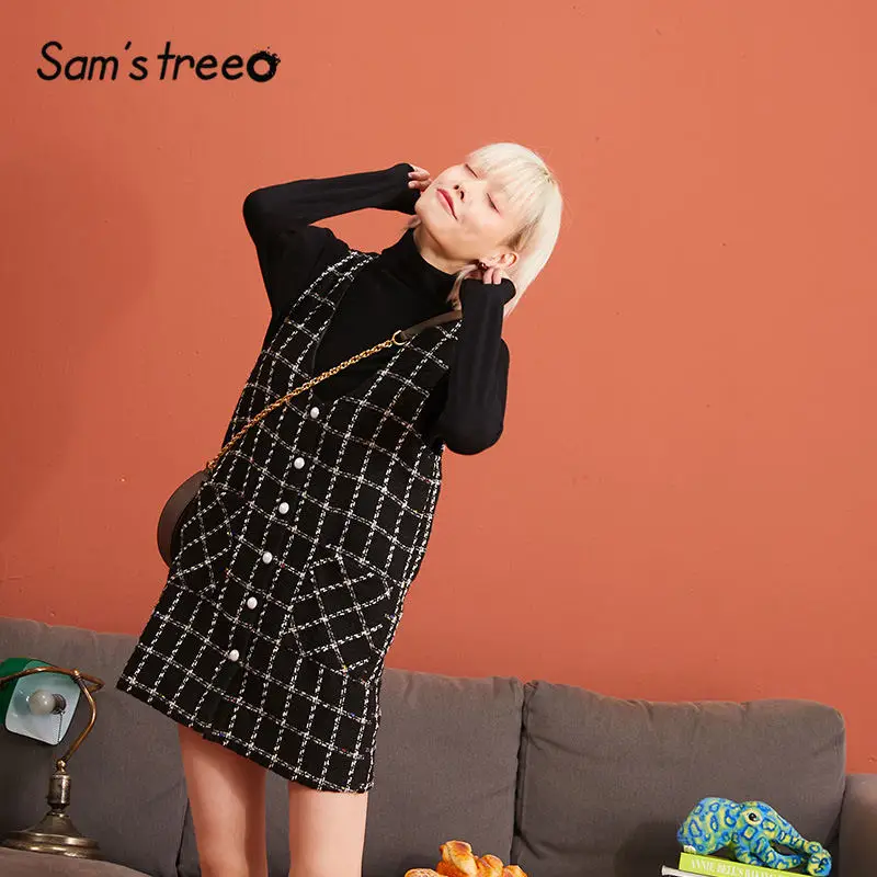 SAM'S TREE/черное твидовое Повседневное платье в клетку без рукавов для женщин; коллекция года; зимнее белое платье на пуговицах с карманами для офиса; повседневные платья для женщин
