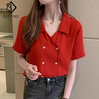 2020 summer new womens korean style chiffon blouse notched double breasted short sleeve shirt loose tops t04707k