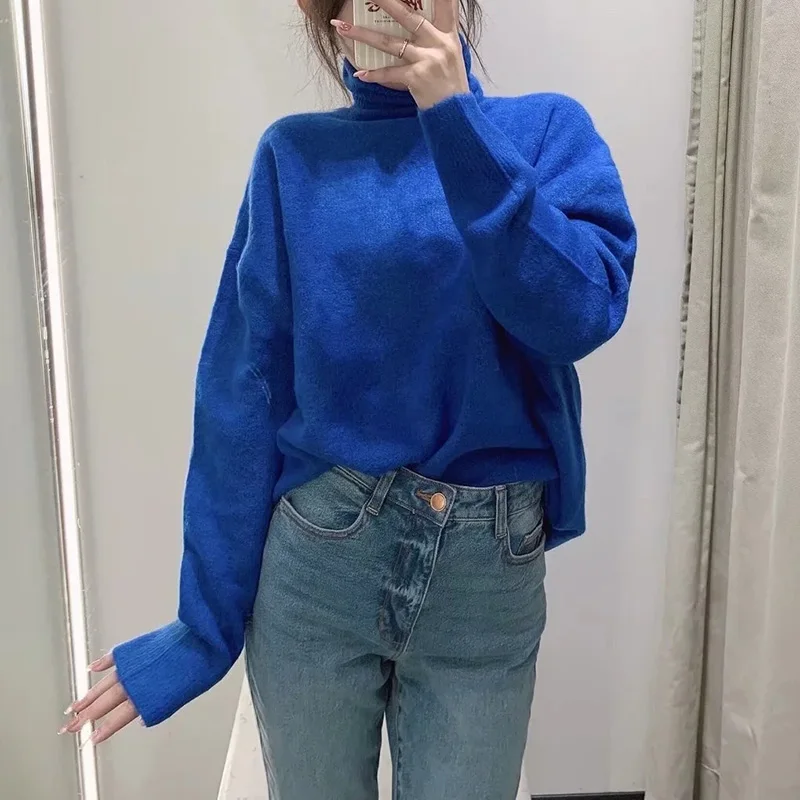 

Woman Loose Turtleneck Sweater 2022 Oversize Royal Blue Pullover High Neck Winter Clothes Knit Casual Classic Fashion Stylish