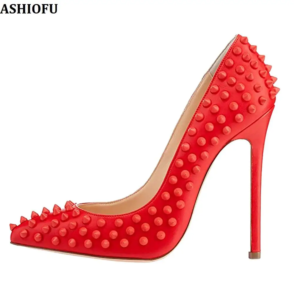 

ASHIOFU Handmade New Ladies High Heel Pumps Red Rivets Spikes Party Prom Slip-on Dress Shoes Evening Fashion Court Shoes