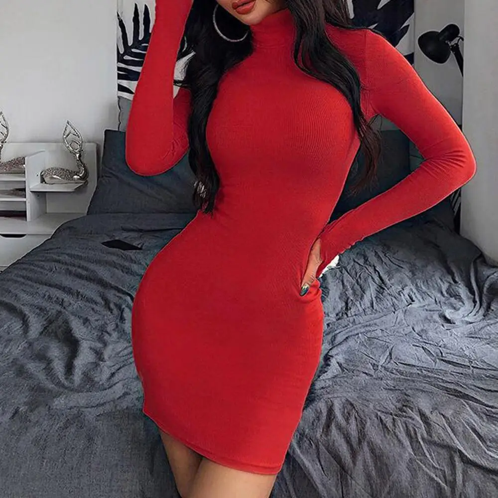 Red Зимнее однотонное женское сексуальное платье для ночного клуба, облегающее платье с высоким воротом, теплое однотонное платье, обтягивающее Мини платье для ягодиц, размеры s-xl - Цвет: Red