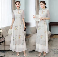 2020 dress women summer new slim fitting stand up print chinese style cheongsam two piece dress for women slimming