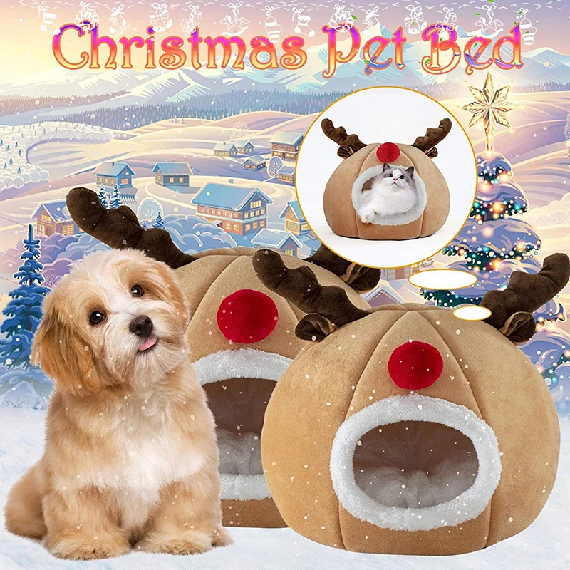 

Comfortable Cat House Cave Christmas Pets Pad House Pet Bed Cute Elk-shaped Kennel Nest Winter Warm Puppy Kitten Bed Cushion