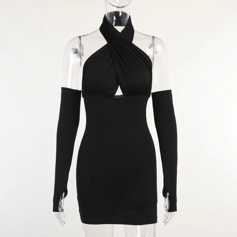 

BOOFEENAA Sexy Cross Wrap Halter Backless Bodycon Dress with Sleeves Chic Summer 2021 Club Outfits Mini Dresses C66-CB23