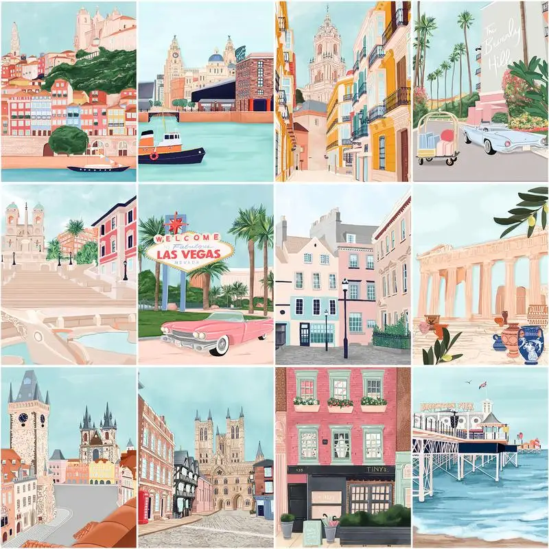 

CHENISTORY Frame Painting By Numbers Kits Town Street Landscape Modern Drawing Coloring By Numbers For Home Decor Diy Gift Art