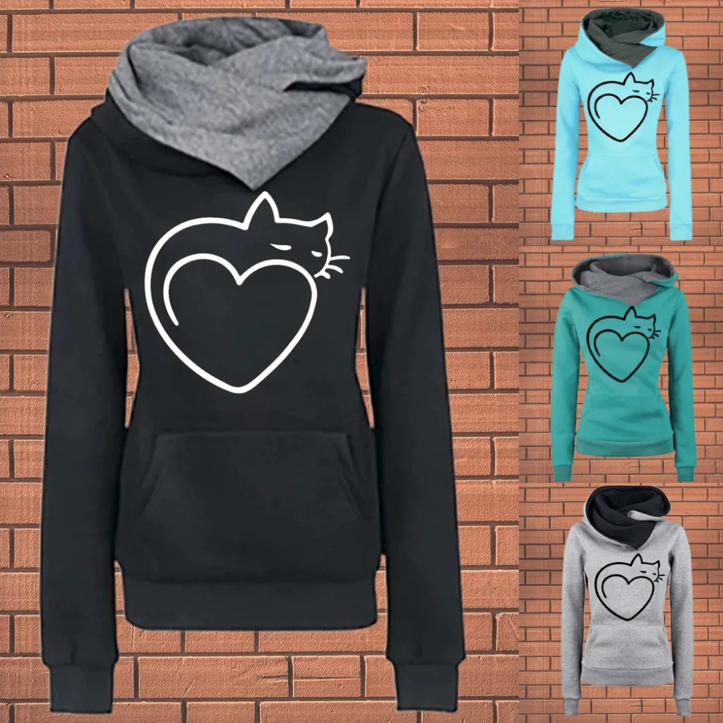 Женский теплый пуловер SAGACE с капюшоном и принтом в виде кота длинным рукавом