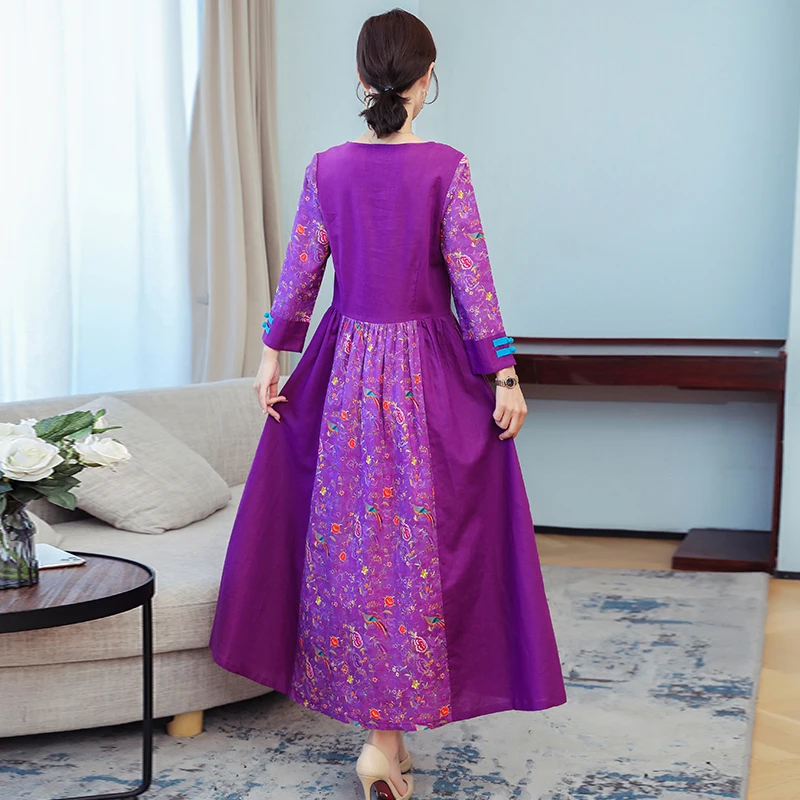 

COIGARSAM Women Dress Summer 2021 Office Lady National Wind Three Quarter Sleeve Print Embroidery O-Neck Dresses Traf Vestidos