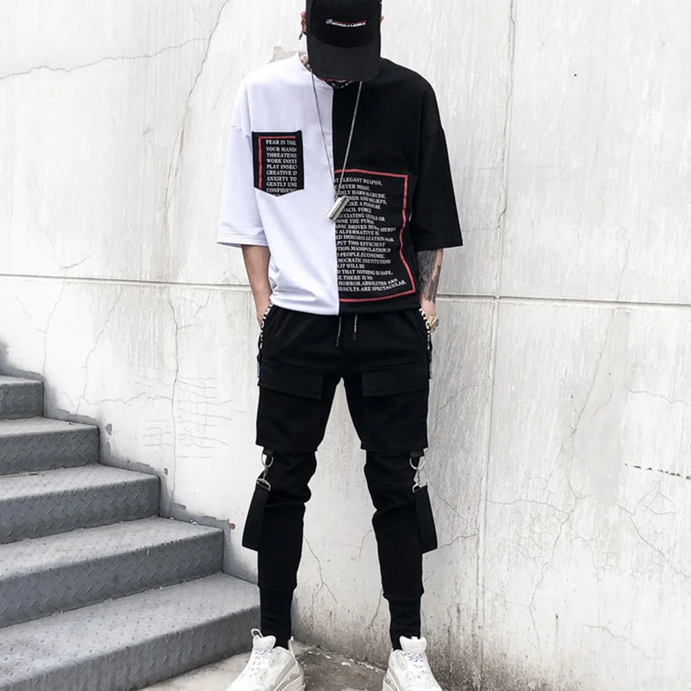 2019 мужские уличные штаны черные шаровары светильник панковские с лентами