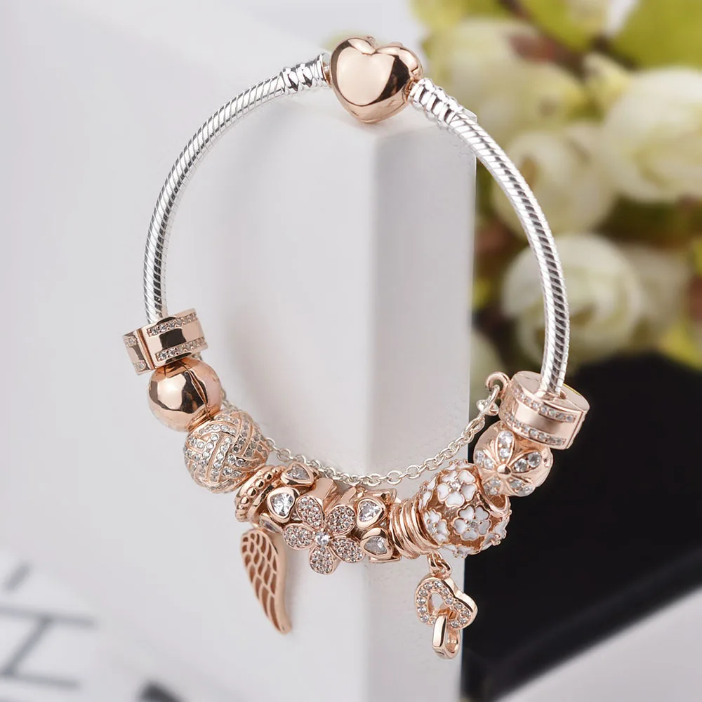 100% 925 пробы серебряный браслет для женщин розовое золото подвеска из бисера