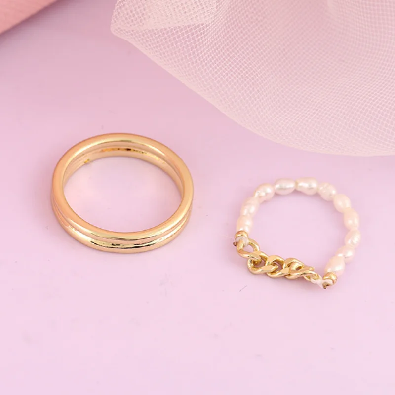 

Ins Trend Natural Freshwater Pearl Finger Ring Set Chain Metal Copper Personalized Jewelry for Women Gifts Engagement Wholesale
