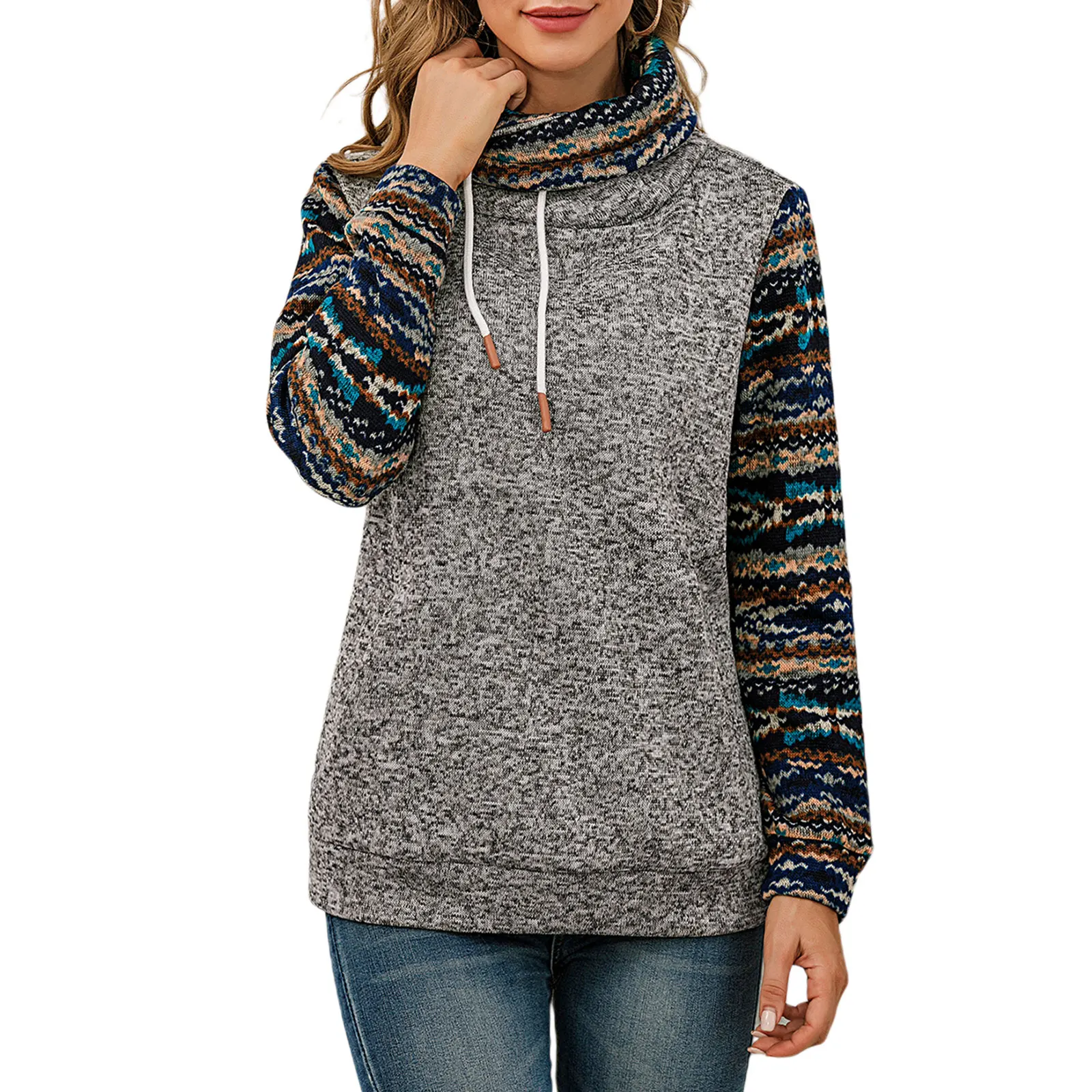 Women Retro Floral Tops High Neck Long Sleeve Lace Up Front Pocket Vintage Pullover Warm Sweatshirts
