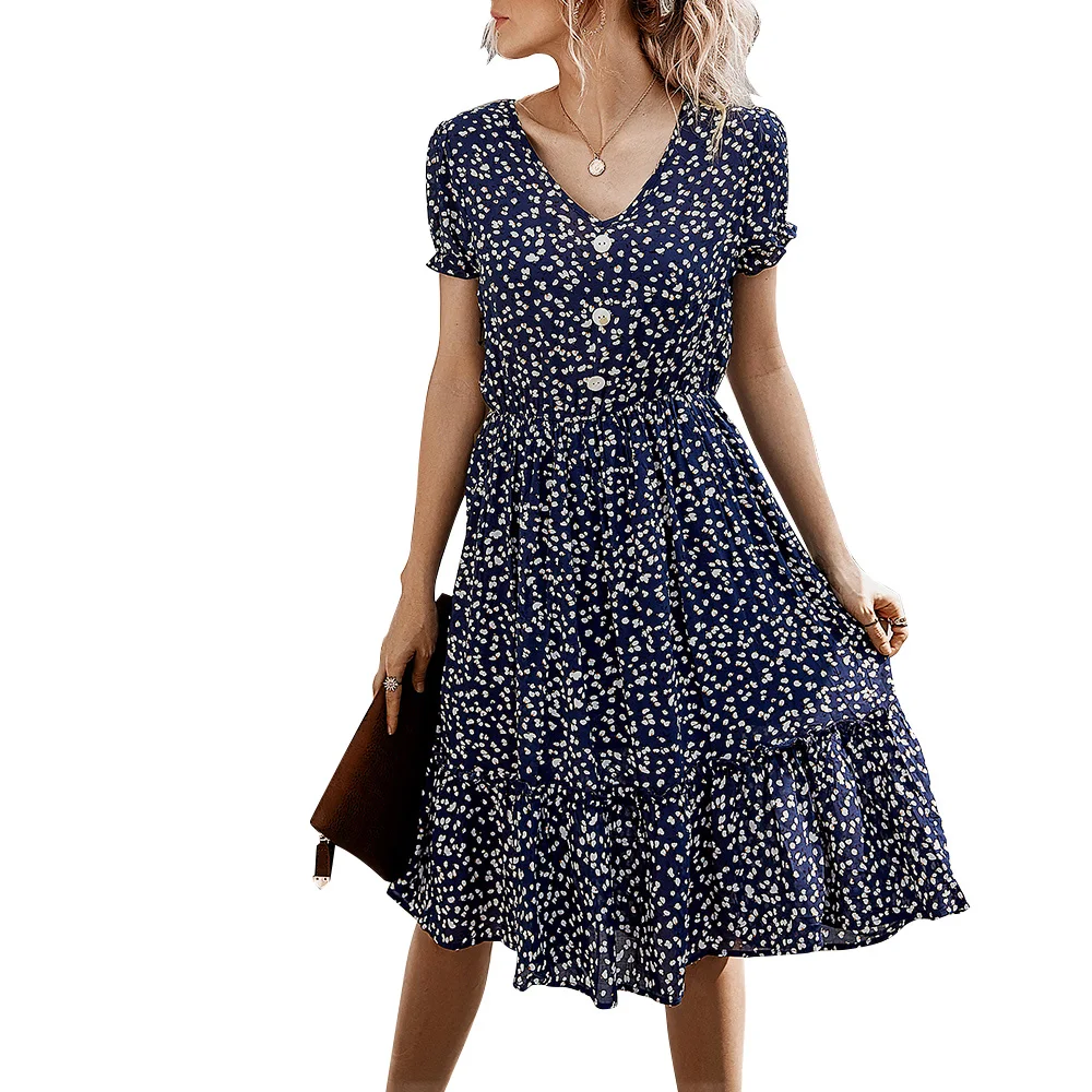 

Women V-Neck Dress For Summer Flower Print Fashion Casual Ladies Midi Dress Short Sleeve Button Ruffle Female Beach Vestidos D30
