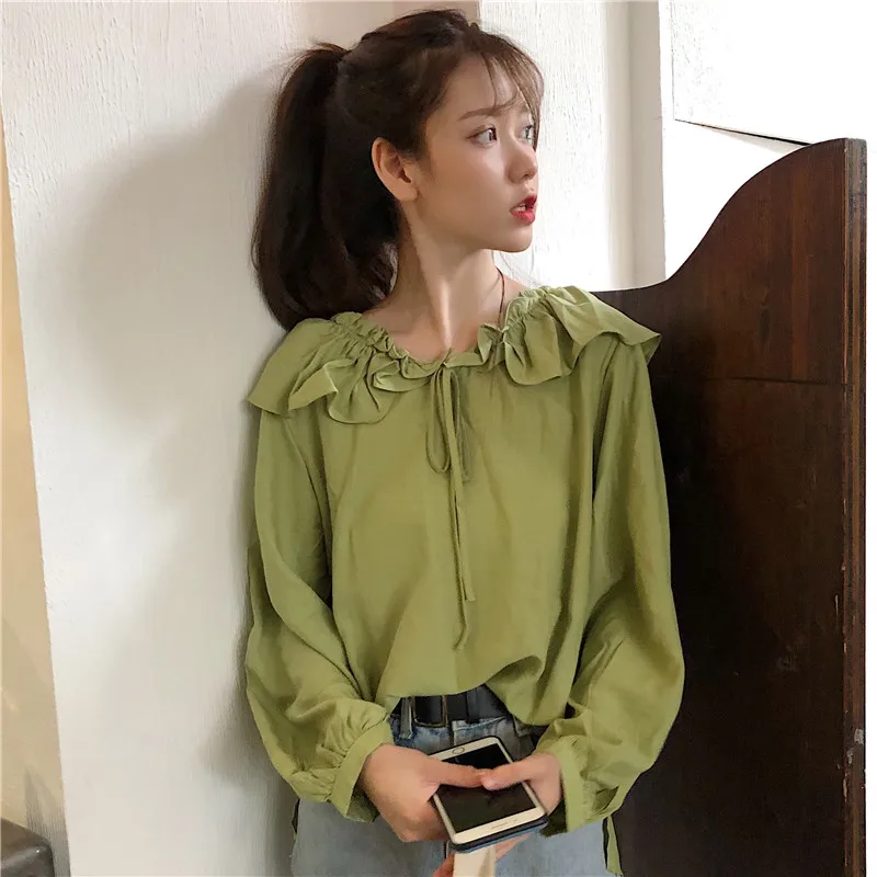 Женская одежда с бантом однотонная гофрированная рукавами-фонариками милый