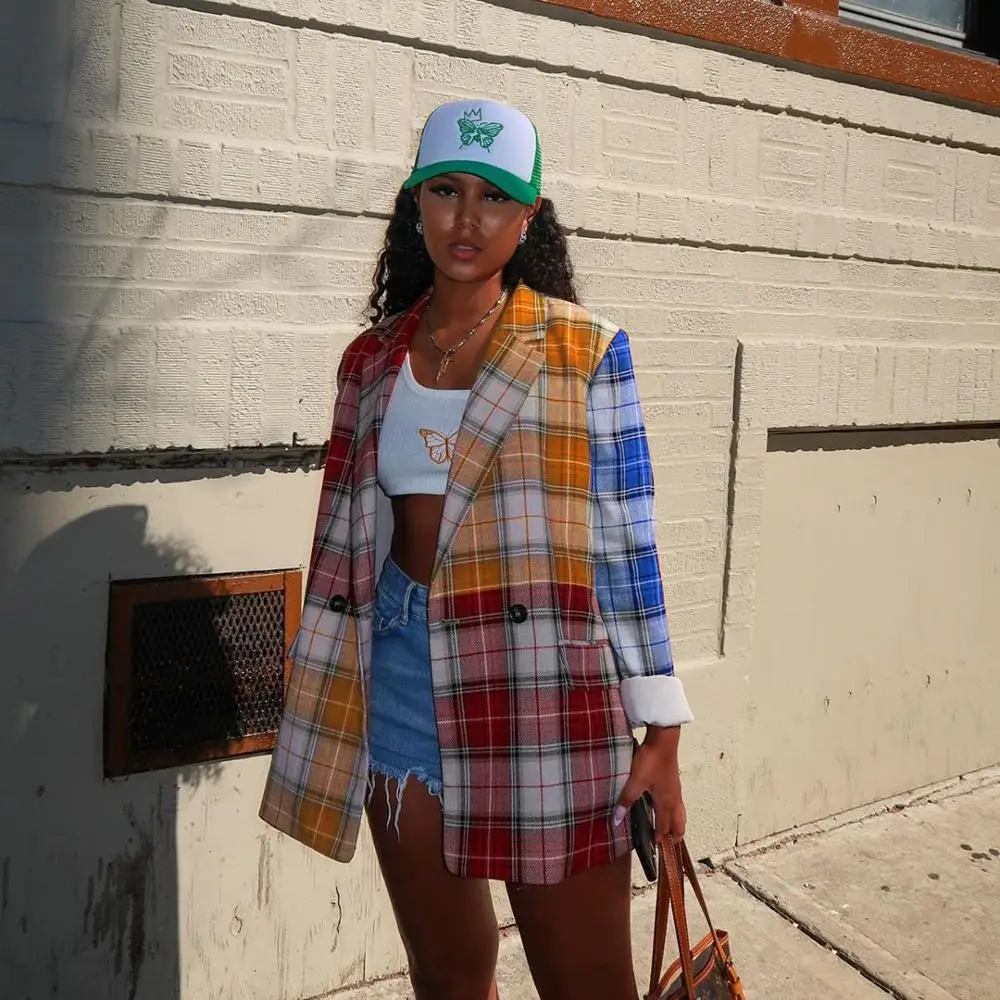 

Echoine Autumn Colorful Plaid Print Blazer Suit Women Turn-down Casul Elegant Double Breasted Autumn Jacket 2020 Casual Office